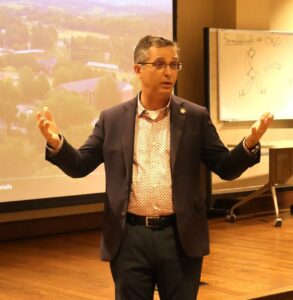 Dr. Scott Hummel, Tusculum University’s president, speaks at the open house.