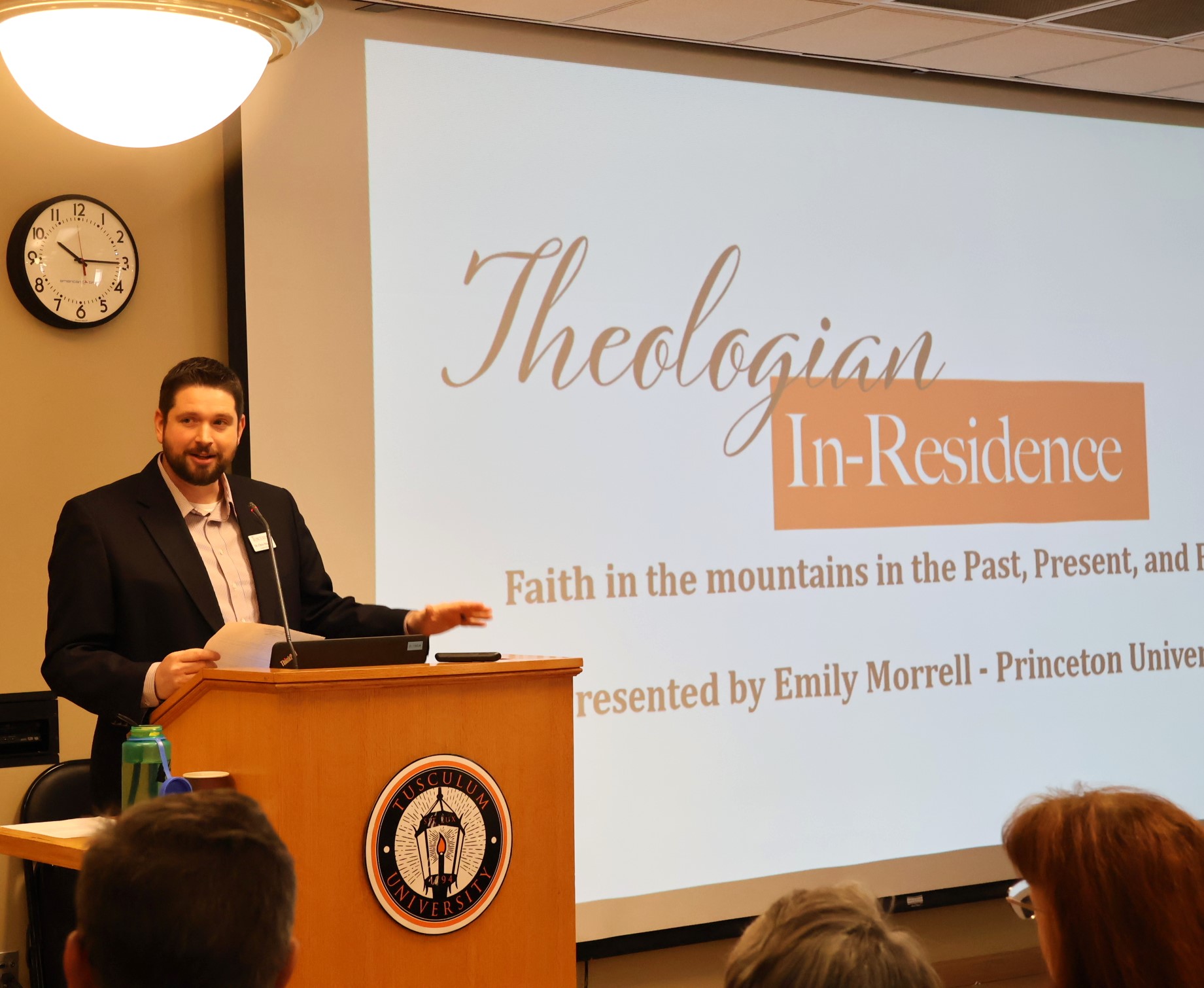 Dr. Chris Shumate, Tusculum's campus minister, addresses the audience at the start of the 2024 Theologian-In-Residence series.