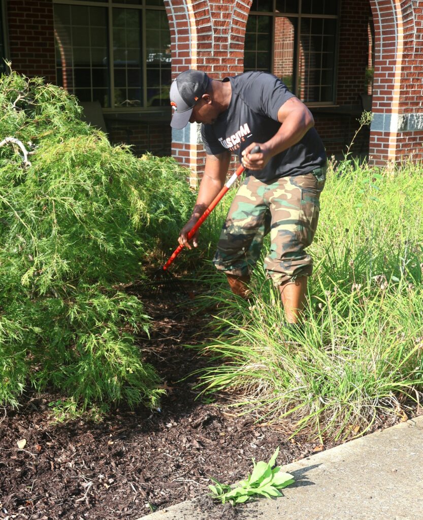 An employee performs landscaping.