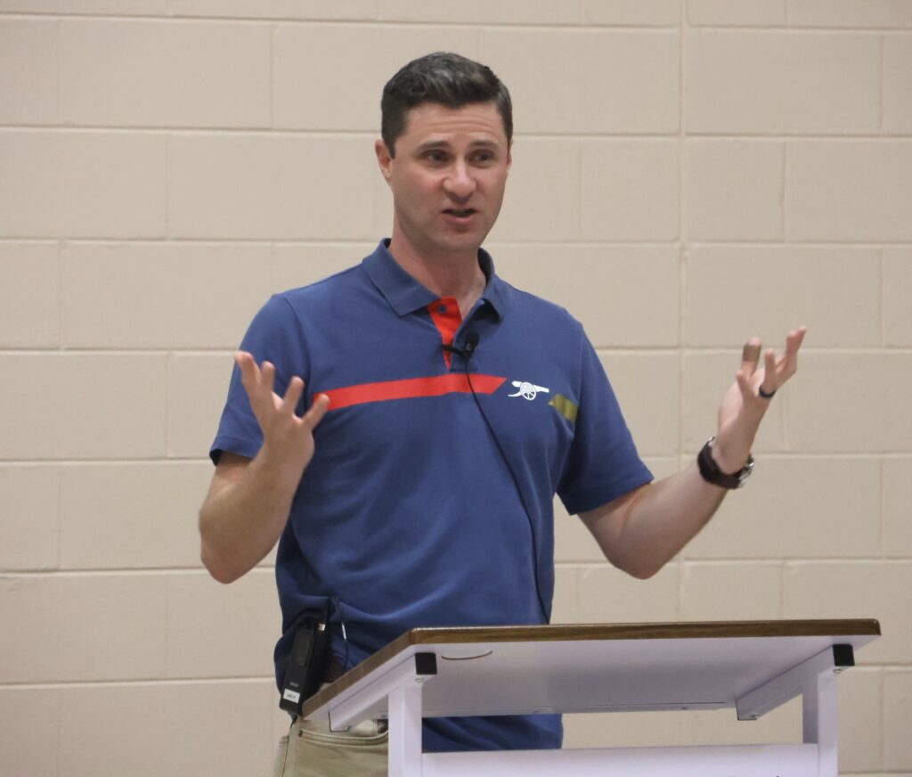 The pastor of Shallow Ford Baptist Church delivers a message at SPOT.