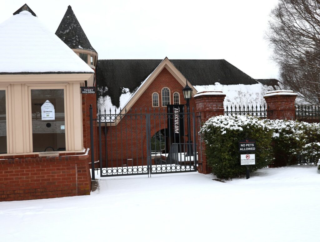 The entrance to Pioneer Field in the snow