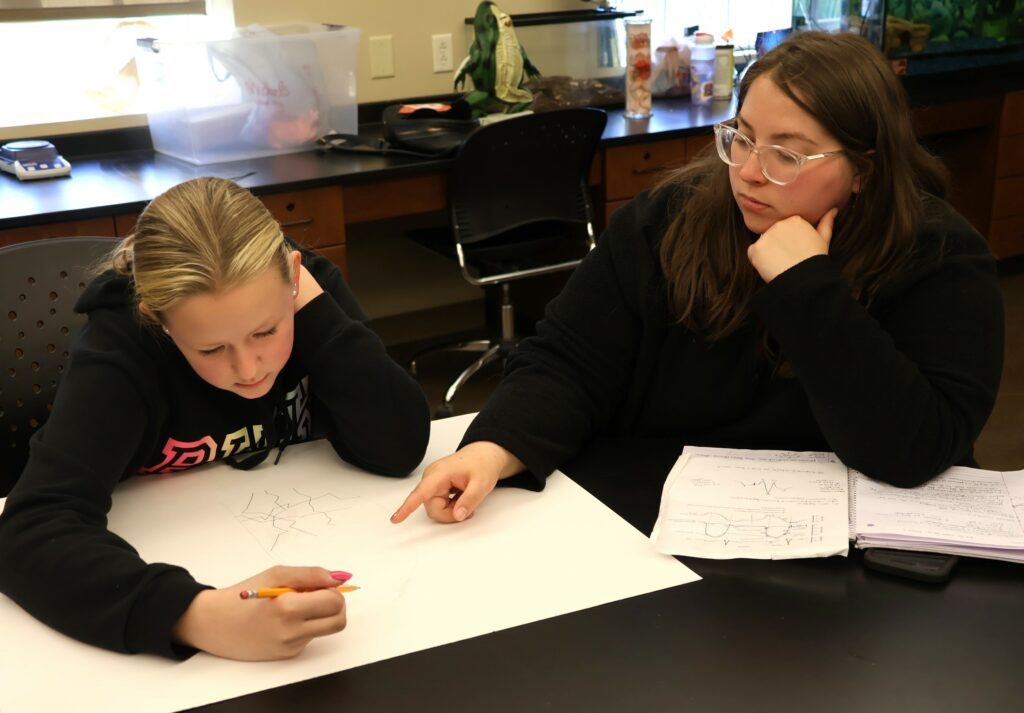 Tusculum student Skylar Lane works with a Girl Scout.