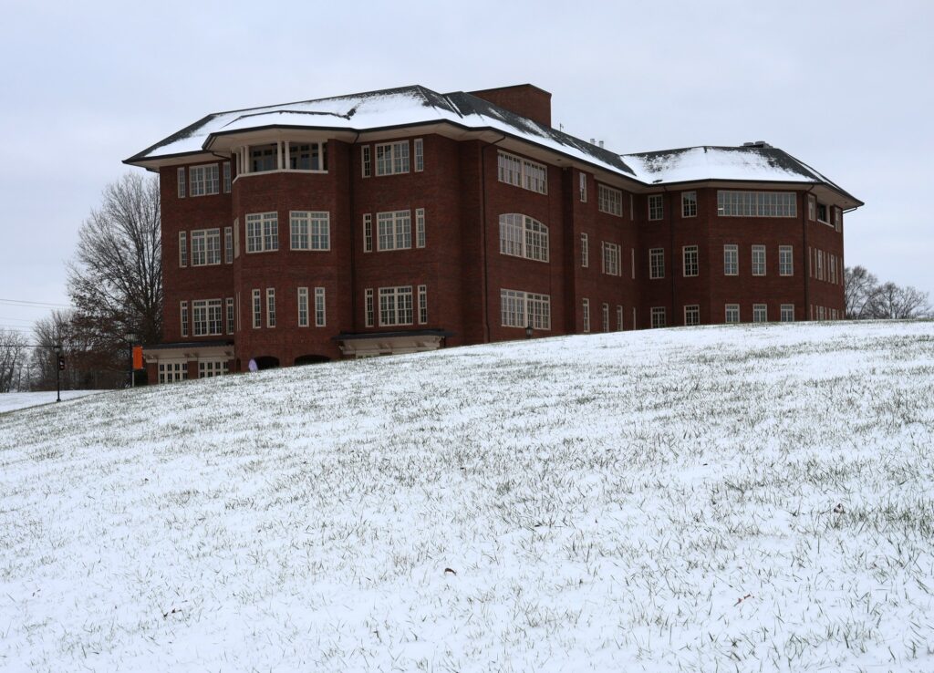 The side of the Meen Center in the snow