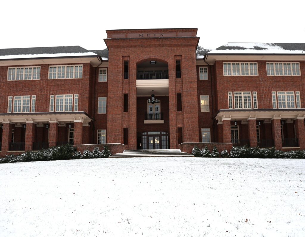 The front of the Meen Center in the snow