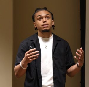 Tusculum student Aniye Nouck gives his winning presentation.