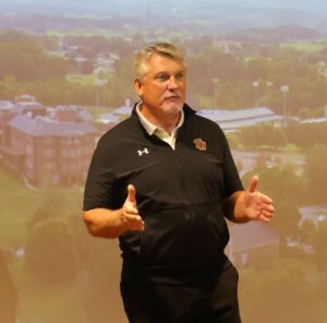 Billy Taylor, Tusculum’s head football coach, speaks at the open house.