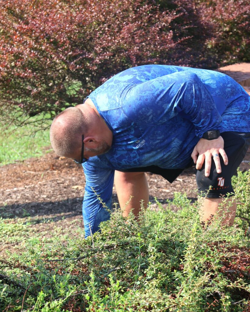 Baseball coach Brandon Steele performs landscaping.