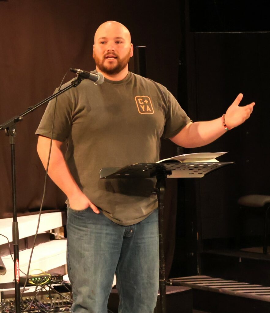 Harrison Nasekos delivers a message.