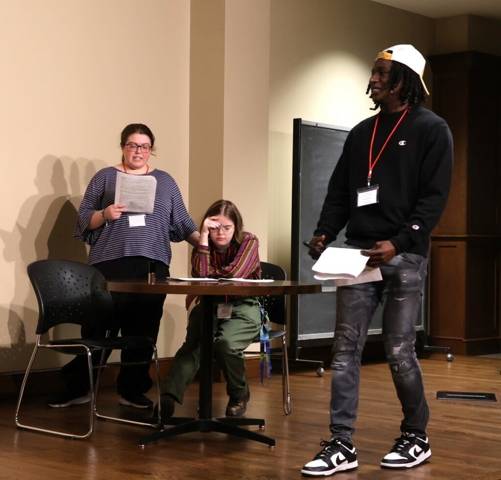Left to right, students Haley Gibson, Emme Foster and Kemani Brown perform a scene.