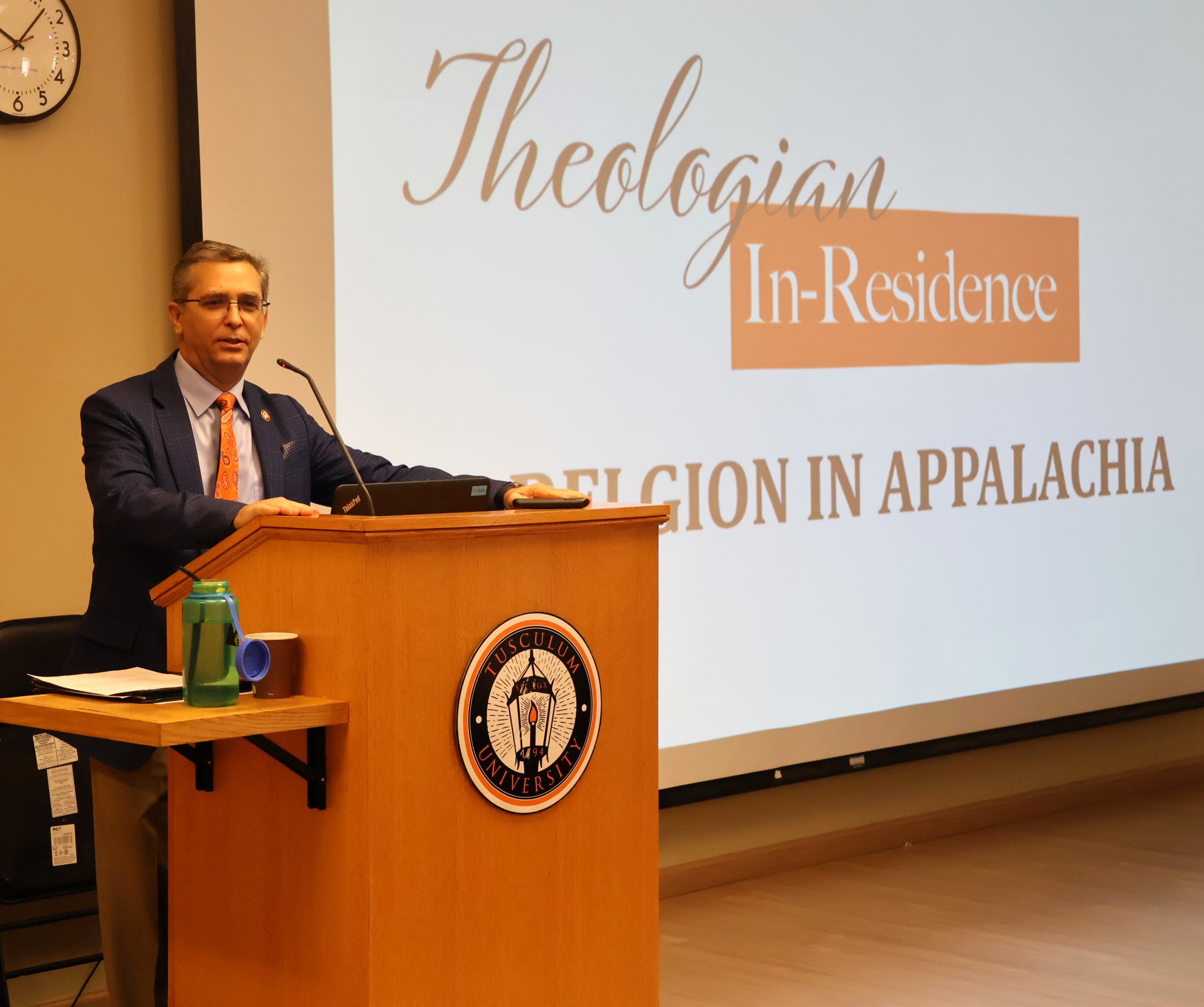 Dr. Scott Hummel, Tusculum's president, speaks at the start of the 2024 Theologian-In-Residence series.
