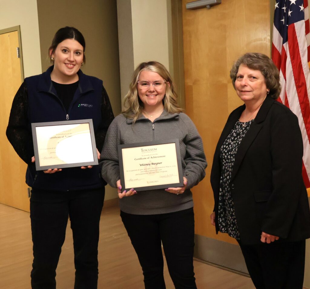 These are ARCHES students who are receiving their associate degree and a staff member. Left to right are Tara Smith, Whitney Burgner and Rose Webb.