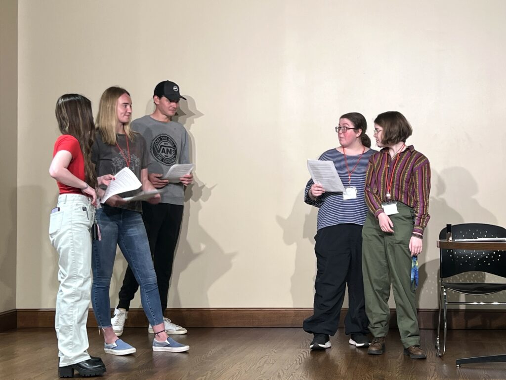 Left to right, Camryn Miles, Aly Freeland, Liam Vandeventer, Haley Gibson and Emme Foster perform a scene.