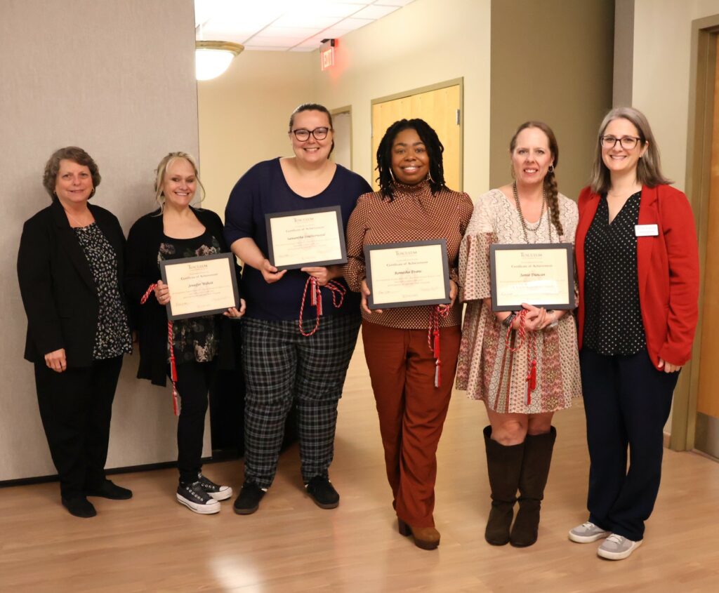 These are members of ARCHES, who are receiving their bachelor's degrees, and staff members. They are, left to right, Rose Webb, Jennifer Wilhoit, Samantha Leatherwood, Romesha Evans, Jaime Duncan and Rachael Barnett.