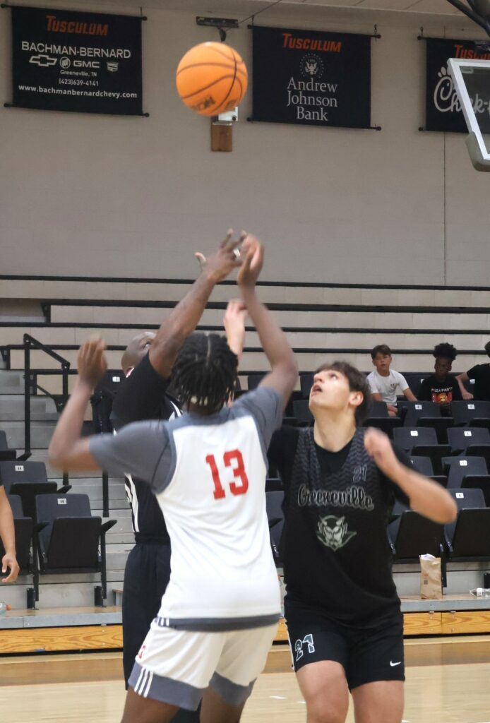 Players go for the ball during a game.