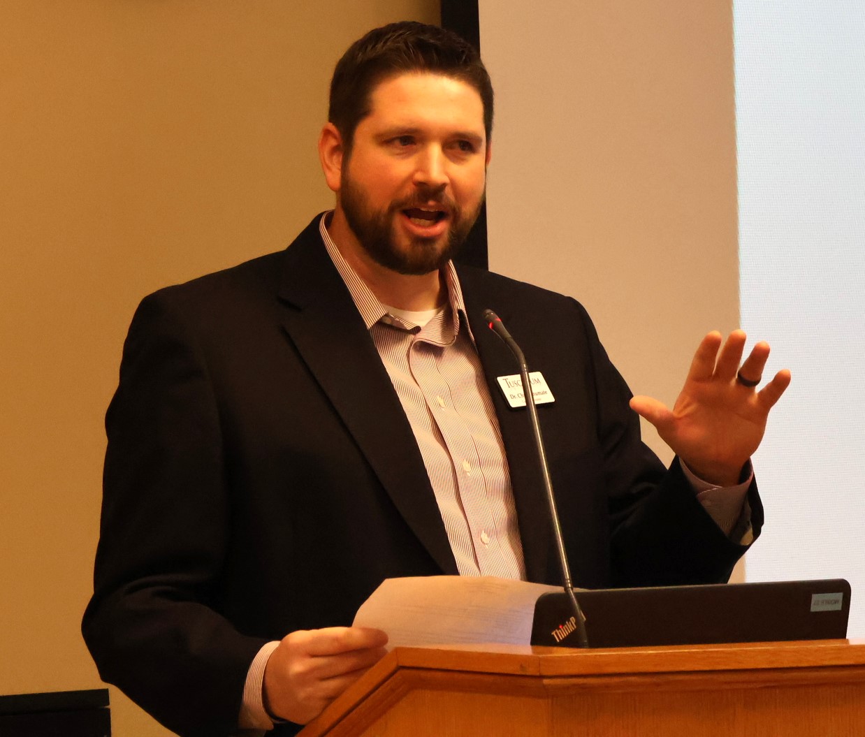 Dr. Chris Shumate, Tusculum's campus minister, addresses the audience at the start of the 2024 Theologian-In-Residence series.