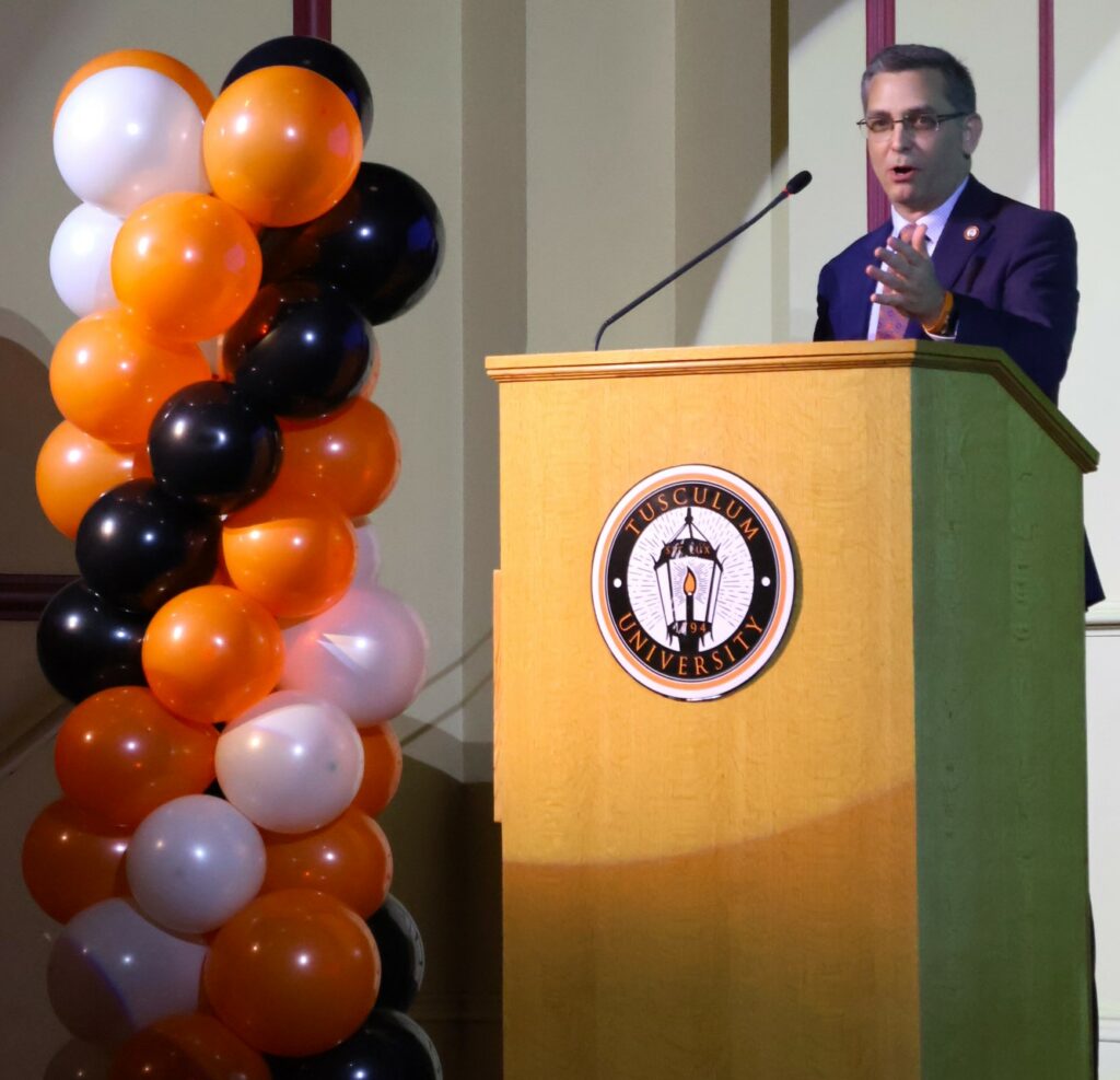 Dr. Scott Hummel, Tusculum University's president, addresses the audience.