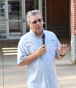 Dr. Scott Hummel speaks to faculty and staff at the start of Community Work Day.