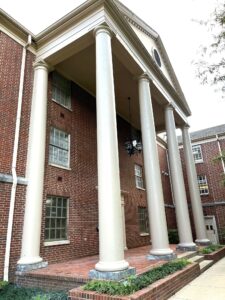 The pillars at the entrance to Katherine Hall were recently updated.