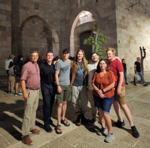 Left to right are Dr. Hummel, Kevin Watson, Eirik Dahlgren, Hughston Burnheimer, Amy Dall and Caleb Brown in front of the Jaffa Gate in the Old City of Jerusalem. Dahlgren was a recent Tusculum graduate, and the others were students in this 2023 photo.