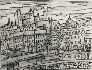 This is an en plein air drawing showing the city of Salzburg and the Castle of Salzburg.