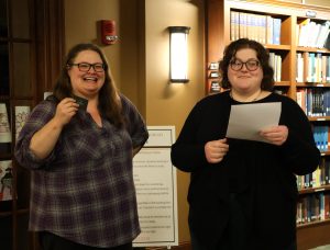 Lisa Chiapputo, left, and Sydney Poythress announce gift certificate winners.