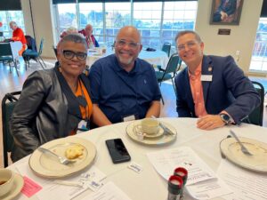 Tusculum enjoys seeing its alumni back on campus for Homecoming. In this photo is alumna Angela White-Wilson, left, with Dr. Scott Hummel, Tusculum’s president, on the right. They are joined by Karl Wilson, Angela’s husband.