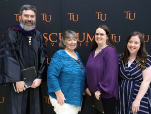 The Outstanding Service to Students Awards went to Dr. Chuck Pearson, left; Nancy Leonard, second from left; and Bobbie Clarkston, third from the left. On the right is Maggie Vickers, the Student Government Association’s president.