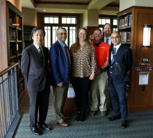 The Japanese guests had an opportunity to see the Thomas J. Garland Library. Left to right are Shinichiro Yamamoto, Dr. Scott Hummel, Carrie Maggert, Chad Grindstaff, Dr. David Cook and Daryoosh Matsudaira.