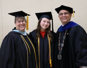 Left to right are Jill Oberfeitinger, Mary Anne Cooper and Dr. Scott Hummel after Tusculum University’s graduation.