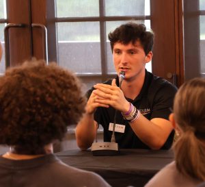 Tusculum student Rio Little talks to incoming Pioneers.