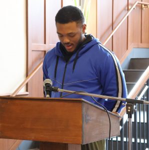 Tusculum student Adam Billingsley reads “Caged Bird” by Maya Angelou.