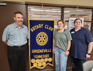 Lindy Carter, middle, received the scholarship from the Rotary Club of Greeneville. She is joined in the photo by Brandon Farmer, right, the club’s president, and Dr. Chuck Pearson, assistant dean of the Math and Science Division at Tusculum.