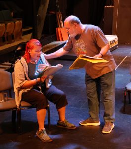 Shelly Skelly-Ramos, left, and Michael Fillers rehearse for “The Sneeze and Other Plays.”