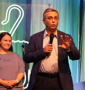 Dr. Scott Hummel, right, Tusculum’s president, speaks to the students. On the left is Lily Queen, director of the Mid-America travel team for FUGE Camps.