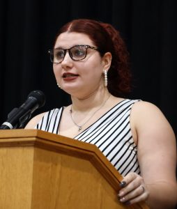 Janelle Zirger, president of the Student Government Association, shares a message with her classmates.