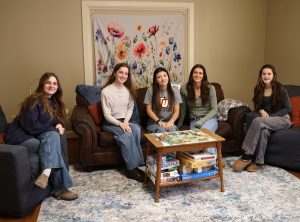 Female students in the Discipleship Living-Learning Center relax in their house. Left to right are Danielle Dugger, Analise Kotynski, Jasmine Johnson, Kieley Smith and Abby Counter.