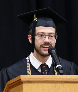 Fisher Overton delivers the undergraduate student speech at graduation.