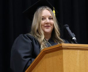 Laycie Cunningham, the graduate student speaker, delivers her remarks.