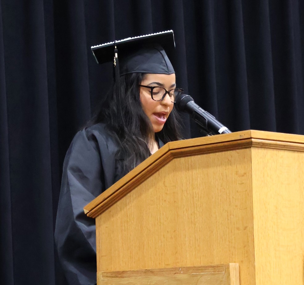 Graduate Keelaya Destin Principe gives the invocation at the 12-9-23 graduation ceremony.