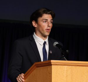 John Ross, the Student Government Association’s president, discusses the value of scholarships during his remarks.