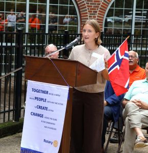Tusculum international student Ylva Landa, who is from Norway, reads the message “May Peace Prevail on Earth” in her native language.