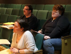 Three of the directors for the “5 X 10 Plays” watch the auditions. They are, left to right, Erin Hensley Schultz, Andy Ross and Dodger Kirkland.