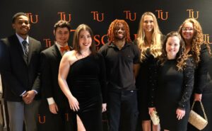 Seven of the cast members pose for a photo. They are, left to right, Kobe Funderburk, Todd Wallin, Josie Norton, Stephen Brewer, Grayson Patterson, Maggie Vickers and Isabelle Delbridge. 