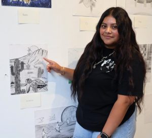 Jacqueline Diaz shows her artwork.