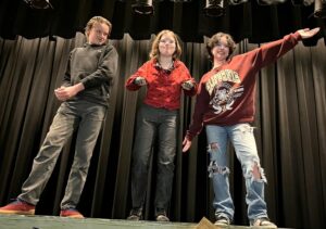 Left to right: Vandal Harris, Emme Foster and Bo Poe rehearse a scene in “Story Theatre.”