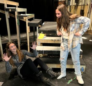 Zoey Potter, left, and Wrenley Tucker become animated during rehearsal for “Story Theatre.”