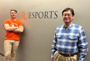 Joseph Cole, left, and Dr. Harold Branstrator hang out in the esports lab at Tusculum.